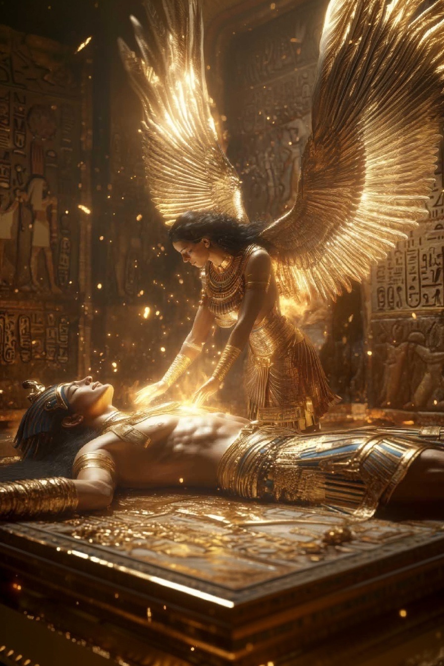 Goddess Isis channeling golden healing energy in divine union