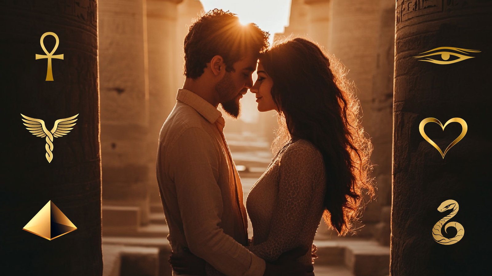 Couple in golden ecstatic tantric embrace, temple doorway