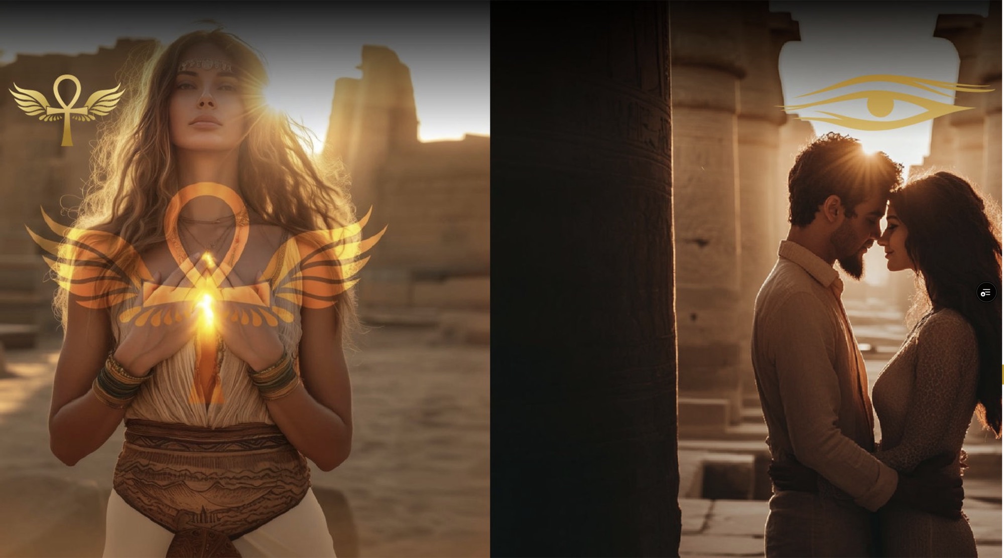 Egyptian priestess and couple in golden temple light, Ankh and Eye of Horus symbols